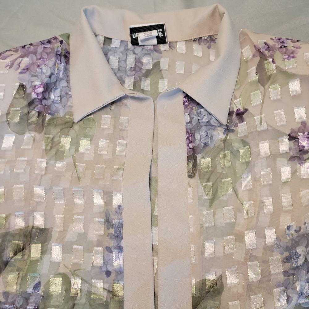 Fashion Bug Floral Blouse Womens 18 Purple Sheer Metallic Check 3/4 Vintage 90s